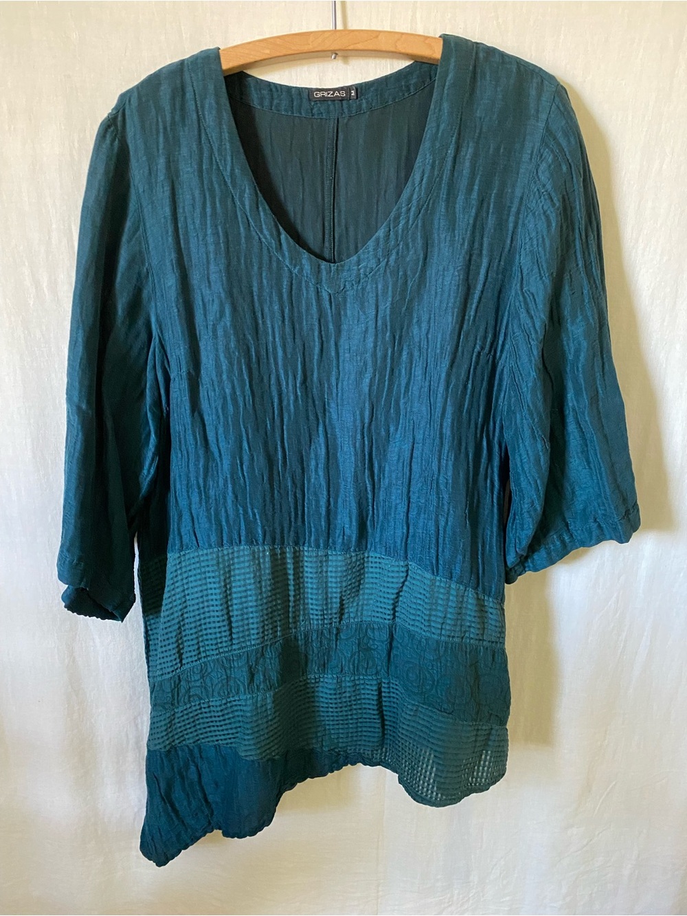 Grizas Linen/Silk Deep Teal V-Neck Tunic Top - Asymmetrical - Pattern Blue